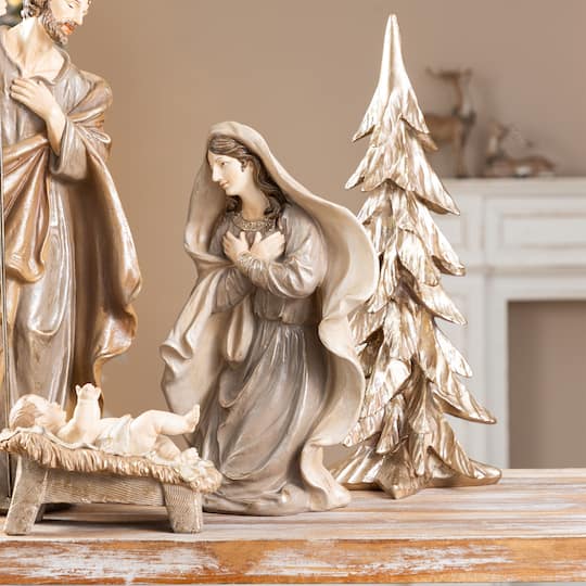 Glitzhome® 5-Piece Brown Resin Holy Family & Christmas Trees Figurine Set